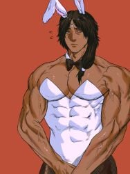 alternate_costume big_pecs black_hair bowtie brown_skin bunny_boy bunny_ears bunnysuit circlet cleavage crossdressing dark-skinned_male dark_skin detached_collar embarrassed fishnets gaolang_wongsawat kengan_(series) kengan_ashura long_hair long_hair_male looking_at_viewer low-tied_long_hair low_ponytail male male_only male_playboy_bunny muscular muscular_male nervous ongaolantiddies pantyhose pecs ponytail red_background skin_tight solo tied_hair tight_clothing veiny_muscles