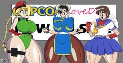 3girls blonde_hair brown_hair cammy_white chun-li doll female female_only huge_breasts kenkaranger large_breasts large_thighs sakura_kasugano sex_doll sign simple_background street_fighter