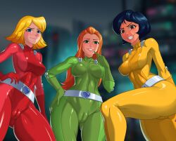 3_bodysuits 3girls alex_(totally_spies) belt black_hair blonde_hair blue_eyes bodysuit brainwashing brown_eyes cameltoe clothing clover_(totally_spies) corruption dark_skin female female_only green_bodysuit green_eyes human looking_at_viewer mind_control pale_skin red_bodysuit red_hair sam_(totally_spies) smile smilingdog totally_spies yellow_bodysuit