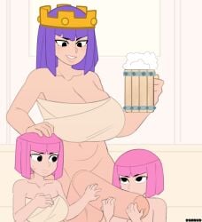 1futa 2girls archer_(clash_of_clans) archer_queen_(clash_of_clans) artist_name beer big_breasts big_penis black_eyes blush blushing bottomless bottomless_futanari breasts clash_(series) clash_of_clans clash_royale cock_worship crown dsmnup futa_on_female futadom futanari holding_head huge_cock huge_penis hung_futanari light-skinned_female light-skinned_futanari light_skin looking_down looking_down_at_partner penis pink_hair purple_hair sau sauna size_difference sweat threesome towel towel_around_waist