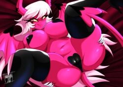 2022 absurd_res artist_name big_breasts breasts camel_toe clothing danmakuman demon eyebrows eyelashes female hair helluva_boss hi_res holding_butt horn humanoid large_breasts legwear licking licking_lips long_hair looking_at_viewer lying membrane_(anatomy) membranous_wings navel not_furry on_back pasties pink_body pink_eyes pink_skin smile solo spade_tail spread_legs spreading succubus thigh_highs tongue tongue_out verosika_mayday_(helluva_boss) white_hair wings yellow_sclera