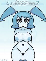 black_eyes blue_hair blush female happy jenny_wakeman my_life_as_a_teenage_robot naked robot robot_girl shy_jaz smile text twintails xj-9