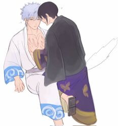 ... 2boys ? colored_sketch dark_hair gintama gintoki_sakata groping groping_chest half-closed_eyes haori japanese_clothes kimono lavender_hair looking_down male male_only not_responding open_kimono pec_grab pec_grasp pec_squeeze pecs pectoral_grab purple_hair sitting sweatdrop takasugi_shinsuke yaoi yukata