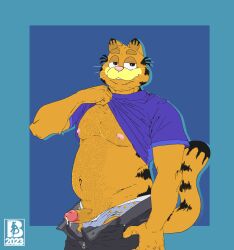 anthro belly bodily_fluids body_hair chubby_anthro chubby_male clothing cum cum_on_penis domestic_cat felid feline felis garfield_(series) garfield_the_cat genital_fluids genitals male mammal mr.brapion paramount_pictures paws,_inc. penis shirt solo t-shirt topwear underwear