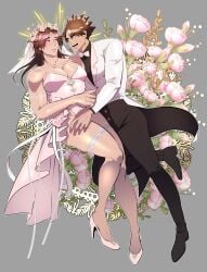 big_pecs blush bridal_veil bride brown_hair circlet cleavage crossdressing ds_2nd embarrassed fishnet_thighhighs fishnets flower_crown full_body fully_clothed gaolang_wongsawat groom hair_down high_heels kengan_(series) kengan_ashura knees_together_feet_apart long_hair long_hair_male looking_at_another male male_only muscular muscular_male nervous pecs smile sweatdrop tan_skin thighhighs wedding_dress yaoi yoroizuka_saw_paing