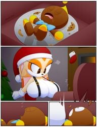 ! 1boy 1girls angry big_breasts bowtie bra breasts chao_(sonic) chocola_the_chao christmas cleavage_overflow cookie cream_the_rabbit eyelashes female gloves male naked_overalls overflowing_breasts santa_costume santa_hat sega slickehedge sonic_(series) sonic_the_hedgehog_(series) tree zzz