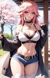 1girls ai_generated breasts choker cleavage clothed crop_top curvy curvy_body genshin_impact jacket kumisudang large_breasts midriff nai_diffusion navel necklace pink_hair shorts solo stable_diffusion thick_thighs yae_miko