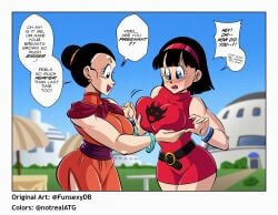 2023 black_eyes black_hair blue_eyes blue_sky blush bracelet canon_pregnancy chichi clothing dragon_ball dragon_ball_z ear_piercing english_text fondling fondling_breast funsexydragonball grabbing grabbing_breasts hair_bun hairband in-lawcest jewelry large_ass large_breasts milf mother-in-law_and_daughter-in-law notrealatg open_mouth pregnant short_hair shounen_jump smile thick_thighs videl videl_(dragon_ball_super) yuri