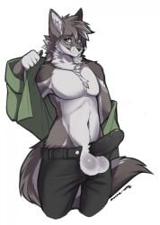 anthro balls big_balls black_penis canid canine canis chest_tuft clothed clothing dress_shirt erection fur genitals green_eyes grey_body grey_fur hi_res humanoid_genitalia humanoid_penis looking_at_viewer male mammal mocha-wing partially_clothed penis shirt simple_background smile solo standing topwear tuft unbuttoned_shirt undressing unzipped unzipped_pants white_background white_body white_fur wolf zipper