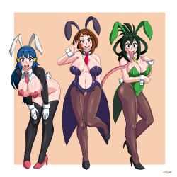 3girls areola areola_slip areolae bare_shoulders bent_over big_breasts blue_eyes blue_hair blush breasts brown_eyes brown_hair bunny_ears bunny_tail bunnysuit cameltoe captainshadow cleavage clothed clothing cunnilingus cunnilingus_through_clothes dawn_(pokemon) female female_only game_freak gloves green_hair hand_on_knee heart_pasties high_heels huge_breasts large_breasts long_hair long_tongue looking_at_viewer my_hero_academia navel nintendo nipple_bulge nipple_slip ochako_uraraka open_mouth open_smile pasties pokemon pokemon_(game) pokemon_dppt revealing_clothes reverse_bunnysuit shoes short_hair shounen_jump simple_background smile standing thighhighs tie tongue tongue_on_pussy tongue_out tsuyu_asui voluptuous waving wide_hips