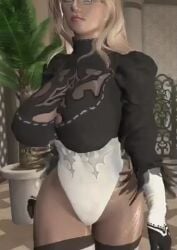 1girls 3d animated big_ass big_breasts blonde_hair blue_eyes cosplay dommy_mommy elf_orc_lunaire glasses huge_ass huge_breasts large_ass large_breasts leotard nier:_automata rebecca_(original_character) seductive shorter_than_30_seconds skyrim tagme the_elder_scrolls tight_clothing video walking yorha_2b_(cosplay)