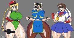 3girls blonde_hair brown_hair cammy_white chun-li female female_only huge_breasts kenkaranger large_breasts large_thighs sakura_kasugano simple_background street_fighter tagme