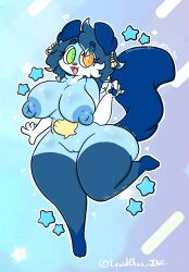 anthro big_breasts blue_body blue_hair breasts female generation_5_pokemon genitals green_eyes hair happy hi_res lewdchuu_(artist) mammal multicolored_eyes mustelid nintendo orange_eyes oshawott otter pok&eacute;mon_(species) pokemon pokemon_(species) pussy shell solo star two_tone_eyes