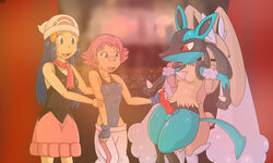 2girls bpq00x dawn_(pokemon) erection female female_human handjob hat human leotard lopunny lucario male male_lucario maylene_(pokemon) nervous nervous_face nervous_smile nervous_sweat pokemon pokemon_(species) pokemon_dppt pokephilia restrained_arms scarf skirt sweatpants