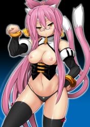 1girls 2d areolae blazblue breasts cat_ears cat_pose cat_tail clothed clothing female female_focus female_only female_solo glasses highres kokonoe long_hair looking_at_viewer nipples panties pink_hair solo solo_female tagme tanabe thighs