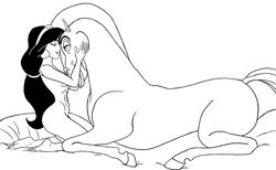 1girls aladdin arabian crossover disney disney_princess female hercules_(disney) human implied_zoophilia kristine monochrome pegasus pegasus_(hercules) princess_jasmine tagme