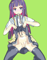 apron bangs black_legwear blue_eyes blunt_bangs blush female female_only hei_(tonarinohey) human kneeling long_hair looking_at_viewer mouth_hold navel no_panties purple_hair pussy ribbon skirt skirt_lift solo sweat thighhighs tsurime waitress working!! yamada_aoi