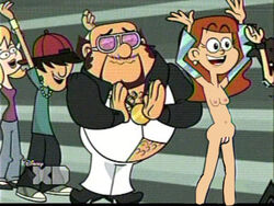 2boys 2girls applause balding beard blonde_hair brown_hair clothed_female_nude_female clothed_male_nude_female detached_sleeves fat_man hair_over_eyes kick_buttowski mustache nude standing sunglasses tagme uncensored