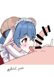 animal_ears artist_yoshi bar_censor blue_hair blush censored fellatio goat_ears goat_horns green_eyes heterochromia horns indie_virtual_youtuber licking licking_testicle maid maid_headdress oral red_eyes shichide testicles virtual_youtuber