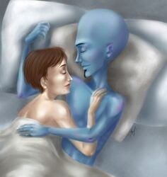 1boy 1boy1girl 1girls alien alien/human blue_skin canon_couple dreamworks female fishik human interspecies male male/female megamind megamind_(character) paramount_pictures roxanne_ritchi sleeping wholesome