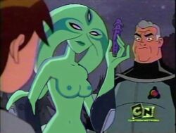 1girls 2boys accurate_art_style alien alien_girl ben_10 ben_tennyson breasts cartoon_network erect_nipples female green_skin humanoid max_tennyson nipples nude purple_eyes screencap screenshot screenshot_edit sex_toy tail xylene