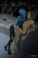 2boys against_table alien alien/human artist_name bernard_(megamind) blue_skin boots brown_hair buttons collar dreamworks duo gay glasses green_eyes hand_on_chin human interspecies leather_boots leather_gloves male male_only maxkennedy megamind megamind_(character) naked nude nude_male orange_eyes pants paramount_pictures seductive short_hair spikes topless topless_male yaoi