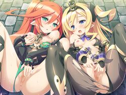 2girls akuma_de_oshioki! anus aria_(akuma_de_oshioki!) bare_shoulders black_legwear blade_(galaxist) blonde_hair blue_eyes blush breasts censored clothed_masturbation clothing corona_(akuma_de_oshioki!) cross-laced_footwear demon_girl detached_sleeves erect_nipples fingering game_cg green_eyes green_panties group_masturbation has_uncensored_version horns long_hair lying masturbation medium_breasts mini_crown multiple_girls nipples on_back open_mouth orange_hair panties panties_aside pantyhose ponytail pussy pussy_juice self_fondle small_breasts spread_legs stockings tattoo thighhighs tied_hair torn_pantyhose two_side_up underwear