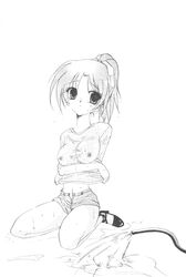 1girls artist_request breasts detective_conan female hair_ribbon huge_eyes human kazuha_toyama large_breasts monochrome ponytail shirt short_hair shorts solo tagme wet