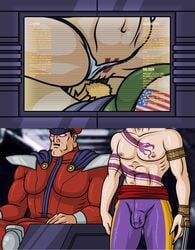 3boys abs biceps blonde_hair bulge claw crimson_viper female glowing_eyes guile hat human m_bison male male_focus multiple_males muscles navel nipples panties_aside pecs penis pubic_hair pussy red_hair sex stamper straight street_fighter tattoo vaginal_penetration vega_(street_fighter) watching