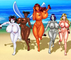 5girls argent_(dc) beach bottle breasts bumblebee_(dc) cssp dark-skinned_female dark_skin dc dc_comics female_only huge_breasts karen_beecher killer_lotion koriand'r lotion multiple_girls nipples nude oil pussy rachel_roth raven_(dc) running smooth_skin starfire sunscreen teen_titans terra_(dc)