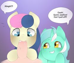 2015 blue_eyes bonbon_(mlp) cum dialogue duo_focus earth_pony english_text equine female feral friendship_is_magic group hair horn horse human long_hair lyra_heartstrings_(mlp) male male_human/female_feral mammal multicolored_hair my_little_pony oouichi oral pegasus pony sex smile straight text two_tone_hair unicorn vein wings