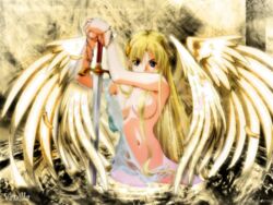 angel beige_skin blonde_hair blue_eyes breasts character_request color female female_only front_view hair looking_at_viewer navel open_eyes solo source_request sword vanilla_(artist) weapon wings