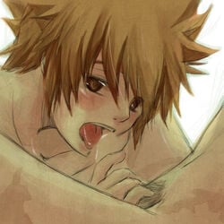 beige_skin blush brown_eyes brown_hair color fellatio gay human katekyo_hitman_reborn male male_only nude open_mouth penis pubic_hair short_hair simple_background tongue tsuna_sawada white_background yaoi