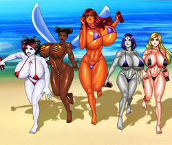 5girls argent_(dc) beach bikini bottle bumblebee_(dc) cssp dark-skinned_female dark_skin dc dc_comics female_only huge_breasts karen_beecher killer_lotion koriand'r lotion oil rachel_roth raven_(dc) running starfire straight_hair sunscreen swimsuit teen_titans terra_(dc)