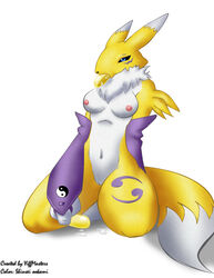 3_fingers anthro black_nose black_sclera blue_eyes breasts color digimon female female_only front_view fur furry furry_breasts furry_ears furry_tail holding insertion kneeling navel nipples nude open_eyes oral_insertion pink_nipples pointy_ears renamon solo sucking tail vulva white_background white_fur yellow_fur yiffmasters