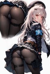 ai_generated ass ass_focus blush breasts brown_eyes cameltoe female from_behind gloves goddess_of_victory:_nikke hat jacket long_hair looking_at_viewer looking_back panties panties_under_pantyhose pantyhose shiny shiny_clothes shiny_hair skirt soline_(nikke) solo very_long_hair white_hair