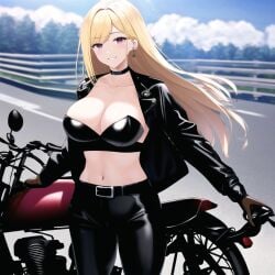 ai_generated belt big_breasts black_gloves black_jacket black_pants blonde_hair choker cleavage earrings female ground_vehicle kitagawa_marin latex leather_jacket long_hair looking_at_viewer midriff motorcycle nai_diffusion outdoors shiny_clothes smile solo sono_bisque_doll_wa_koi_wo_suru stable_diffusion strapless tight_clothing