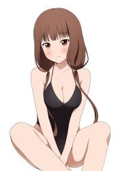 1girls accurate_art_style bangs bare_shoulders blush breasts brown_eyes brown_hair cleavage collarbone coro_fae highres iino_miko kaguya-sama_wa_kokurasetai_~tensai-tachi_no_renai_zunousen~ looking_at_viewer medium_breasts medium_hair official_style simple_background sitting swimsuit white_background