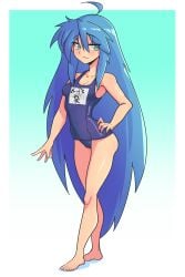 1girls :3 blue_hair blush blush_lines cameltoe female female_focus female_only green_eyes konaloid konata_izumi light-skinned_female light_skin long_hair lucky_star medium_breasts mole mole_under_eye one-piece_swimsuit school_swimsuit simple_background solo solo_female solo_focus standing swimsuit