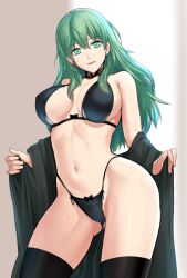 1girls aegis_(nerocc) ass_visible_through_thighs bangs bare_shoulders bare_thighs black_bra black_panties black_thighhighs blush bra breasts byleth_(fire_emblem) byleth_(fire_emblem)_(female) commentary_request cowboy_shot earrings female female_only fire_emblem fire_emblem:_three_houses green_eyes green_hair highres jewelry large_breasts long_hair looking_at_viewer navel nintendo panties parted_lips smile solo standing stomach thighhighs thighs underwear underwear_only