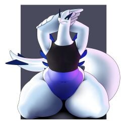 1:1 2022 ambiguous_gender anthro bbd belly bottomless clothed clothing featureless_crotch generation_2_pokemon hands_behind_head huge_hips huge_thighs kneeling legendary_pokemon lugia navel nintendo pokémon_(species) pokemon pokemon_(species) raised_arms shirt slightly_chubby splashyu tail tank_top thick_tail thick_thighs topwear topwear_only very_high_resolution