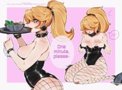 1girls 2022 blonde_hair blue_eyes breasts bunnysuit dialogue earrings english_text female female_only fishnet_pantyhose fishnets goth hair_between_eyes hair_tie hi_res kneeling long_hair mario_(series) nasya__ns nintendo plate pointy_ears princess_peach red_lipstick salad side_view sideboob sitting solo speech_bubble spiked_bracelet spiked_collar spiked_hair_tie thick_thighs tray waitress