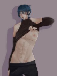 black_gloves black_panties black_shirt blue_eyes blue_hair blue_pubic_hair genshin_impact gloves im69bigcock long_sleeves male male_nipple male_only muscular_male nipple nipple_piercing piercing pubic_hair scaramouche_(genshin_impact) sleeveless_shirt tongue tongue_piercing white_skin