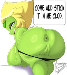 1girls all_fours anus asking_for_it ass big_ass big_breasts blonde_hair breasts bubble_ass bubble_butt busty cross_samax dialogue female female_only gem_(species) green_skin huge_ass huge_breasts inviting inviting_to_sex large_ass large_breasts looking_at_viewer looking_back panties panties_down peridot_(steven_universe) pussy shortstack smile solo steven_universe talking_to_viewer text thick_thighs topless