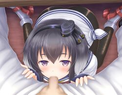 1boy admiral_(kantai_collection) aroused bangs between_legs black_eyes black_hairband black_pantyhose blue_collar blue_sailor_collar blush censored collar commission fellatio female hair_between_eyes hair_ears hairband half-closed_eyes hand_between_legs hands_on_legs hat indoors kantai_collection long_sleeves looking_at_viewer looking_up mini_hat mosaic_censoring nagana_sayui oral pantyhose penis sailor_collar shirt short_eyebrows short_hair_with_long_locks sidelocks sitting skeb_commission straight tokitsukaze_(kantai_collection) under_the_table wariza white_shirt