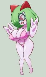 1girls areola_slip big_breasts bikini blush chloe_(masked_agent) female female_only furry glasses happy hi_res kirlia looking_down masked_agent nintendo open_mouth pokémon_(species) pokemon pokemon_(species) round_glasses shortstack simple_background smile solo thick_thighs upper_teeth