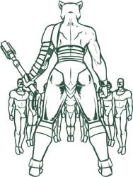 1girls 2023 9boys absurd_res afro alien anthro anthro_focus armor ass back_muscles back_view background_characters bald bare_back bare_shoulders big_bulge biped bottomwear bulge clothed clothing club_(weapon) cuffs_(clothing) digital_media_(artwork) erection erection_under_clothing exposed_back extended_arms facial_hair feline female female_focus fingers fist full-length_portrait fully_clothed greaves group hi_res holding_club holding_melee_weapon holding_object holding_weapon human humanoid_hands image_comics imminent_sex invincible invincible_(comics) legs_together leonine levitation lion loincloth male mammal manly melee_weapon monochrome multiple_boys muscles muscular_anthro muscular_female muscular_male mustache pantherine pants pauldron penis_bulge portrait rear_view redout short_hair skinsuit standing straight_legs tailless thokk's_daughter tight_bottomwear tight_clothing tight_pants viltrumite weapon wide_stance