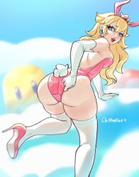 1girls 2023 all_fours arm_gloves blonde_hair blue_eyes bunny_ears bunny_tail bunnysuit chiffonfae crown female female_only heels hi_res leaning_on_hand long_hair looking_at_viewer looking_back looking_back_at_viewer mario_(series) nintendo outdoors pink_lips princess_peach rear_view sky smiling_at_viewer solo stockings super_mario_bros. thick_thighs thigh_squish white_stockings year_of_the_rabbit