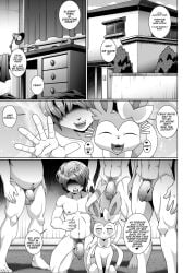 balls blush comic cute_fangs doujinshi eeveelution english english_text generation_6_pokemon genitals kikunyi mammal multiple_boys multiple_males navel penis pokemon pokemon_(species) pokemon_xy pokephilia pubic_hair sylveon uncut veiny_penis zoophilia