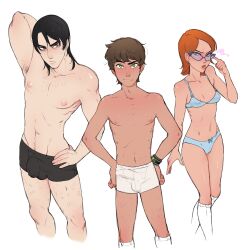 1girls 2boys aged_up ben_10 ben_10_omniverse ben_tennyson ben_tennyson_(omniverse) black_hair body_hair breasts brown_hair bulge female ginger_hair glasses green_eyes gwen_tennyson gwen_tennyson_(omniverse) haruhssment human kevin_levin male muscular_male nipples penis_outline plain_background tagme underwear